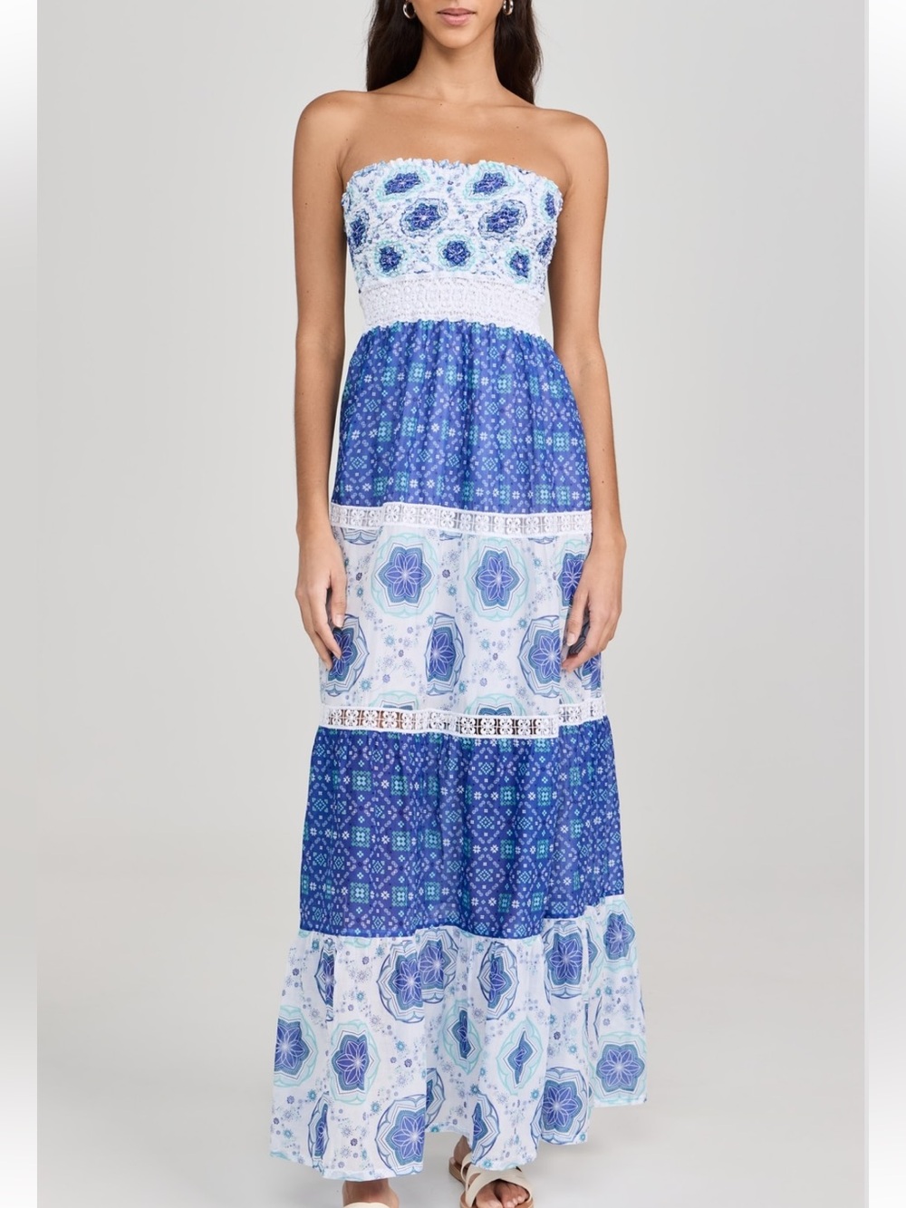 Temptation Positano Amalfi Dress Strapless Blue Floral Tiered Maxi Dress